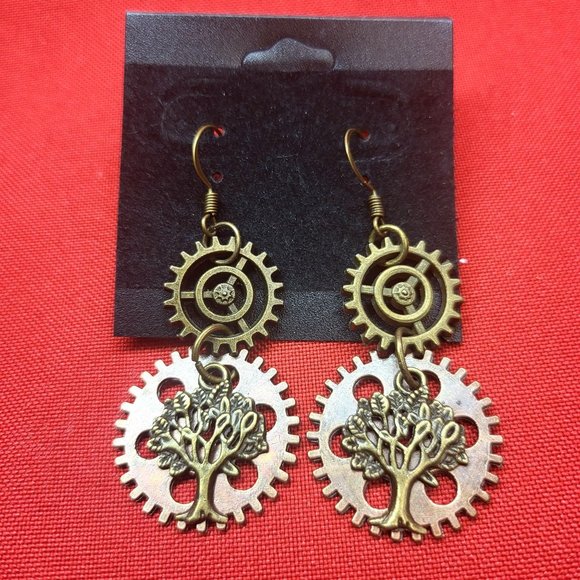 Dangling Gear Earrings Tree of Life Bronze - Picture 1 of 9